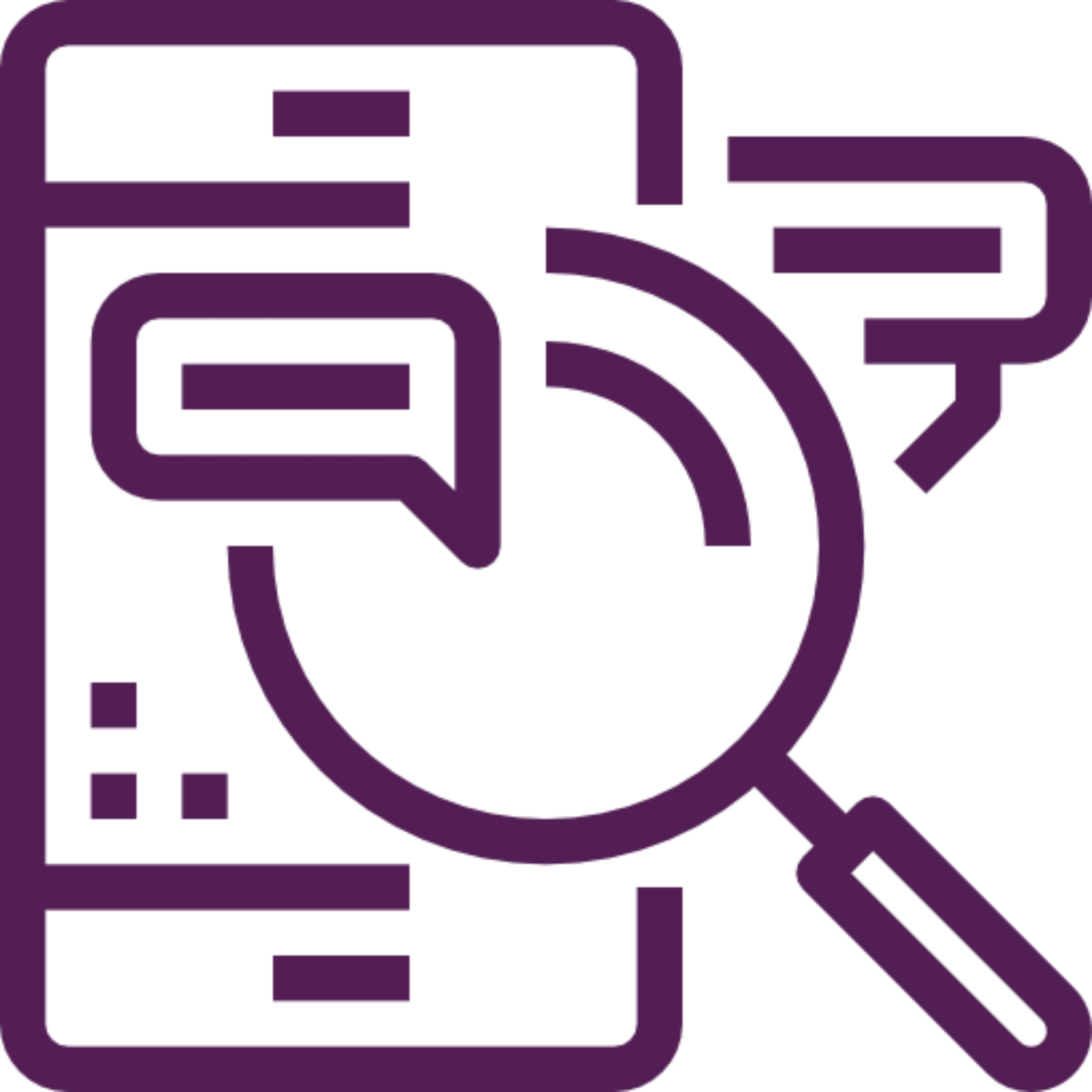 Smartphone with magnifying glass and chat icon