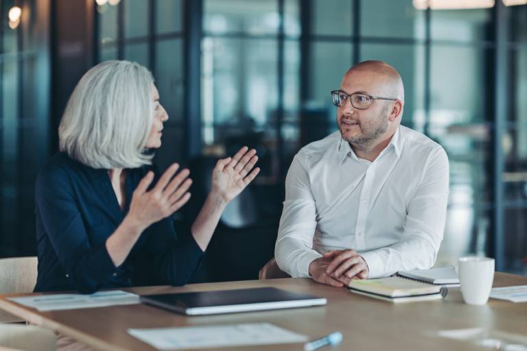 Two colleagues discussing at office table