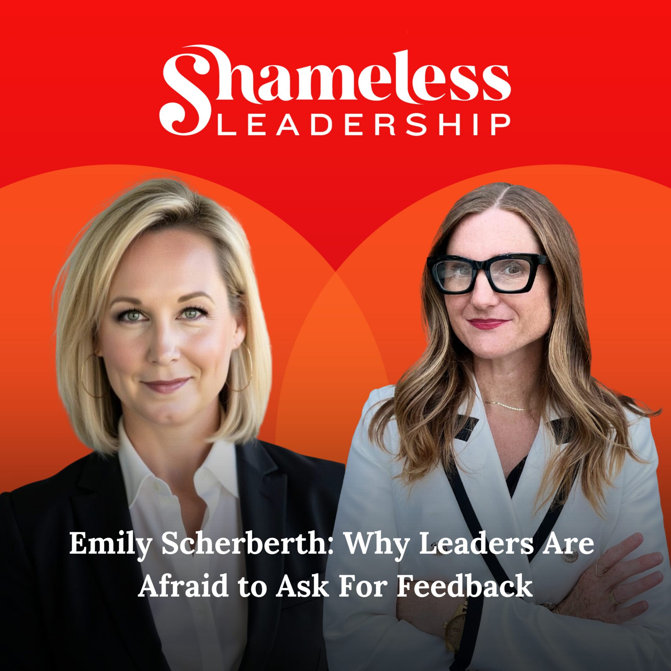 Two professional women with red podcast background