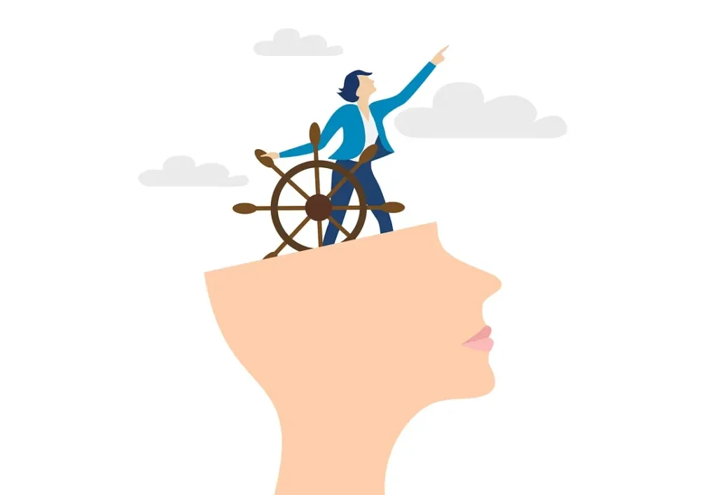 Person steering ship wheel atop head silhouette