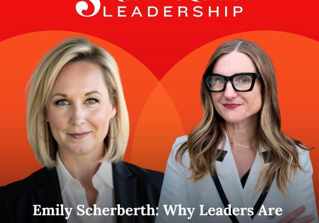 Two professional women with red podcast background
